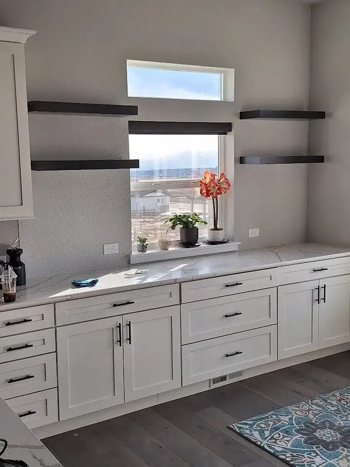 Kitchen Remodel White Cabinets Floating Shelves Okc project in Edmond, OK and the greater Oklahoma City metro