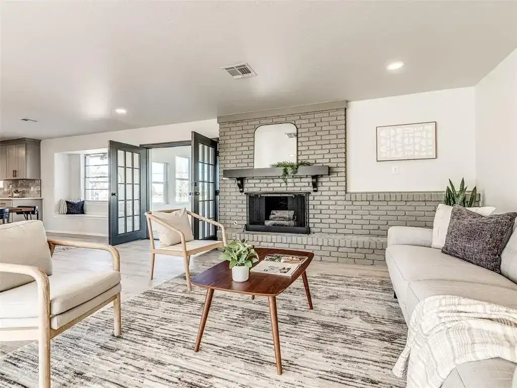 Remodeled Living Room Brick Fireplace project in Oklahoma City, OK
