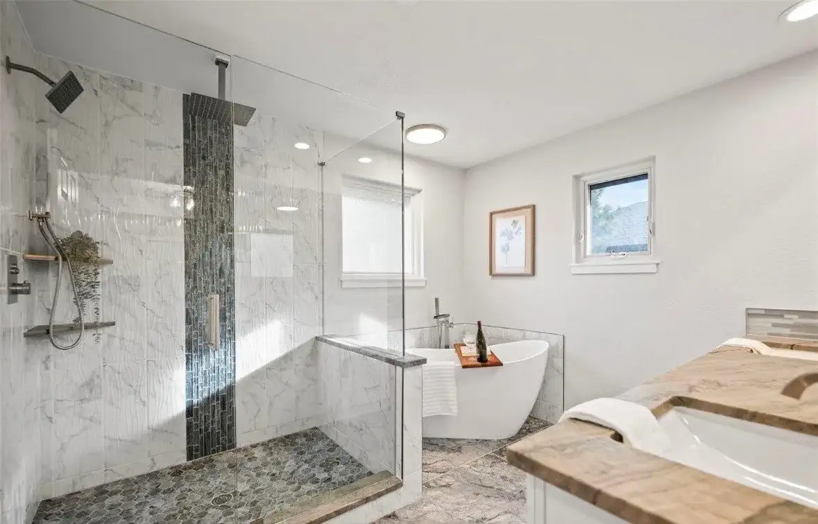Remodeled Master Bathroom Marble Tile project in Oklahoma City, OK